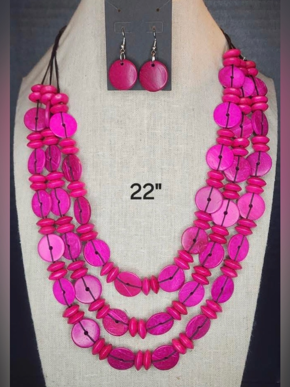 192. Vibrant Hot Pink Multi-Strand Disc Necklace with Matching Earrings